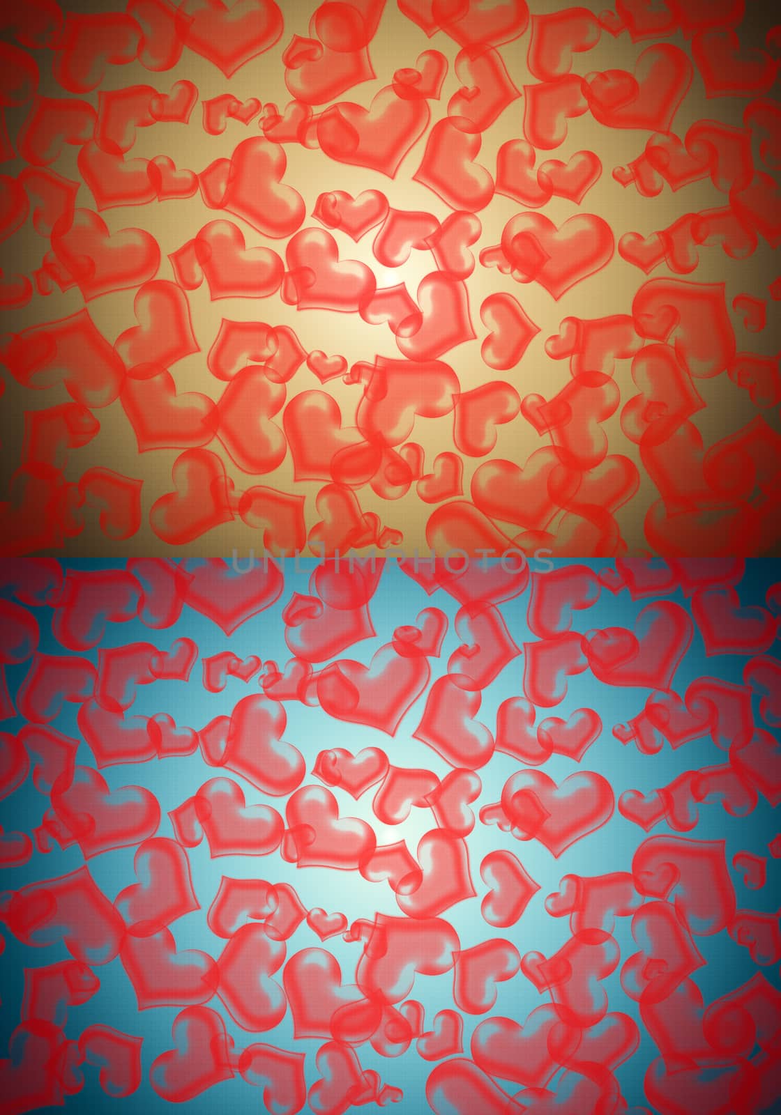 Many sizes red heart on two color blue and yellow background with gradient light from the middle.