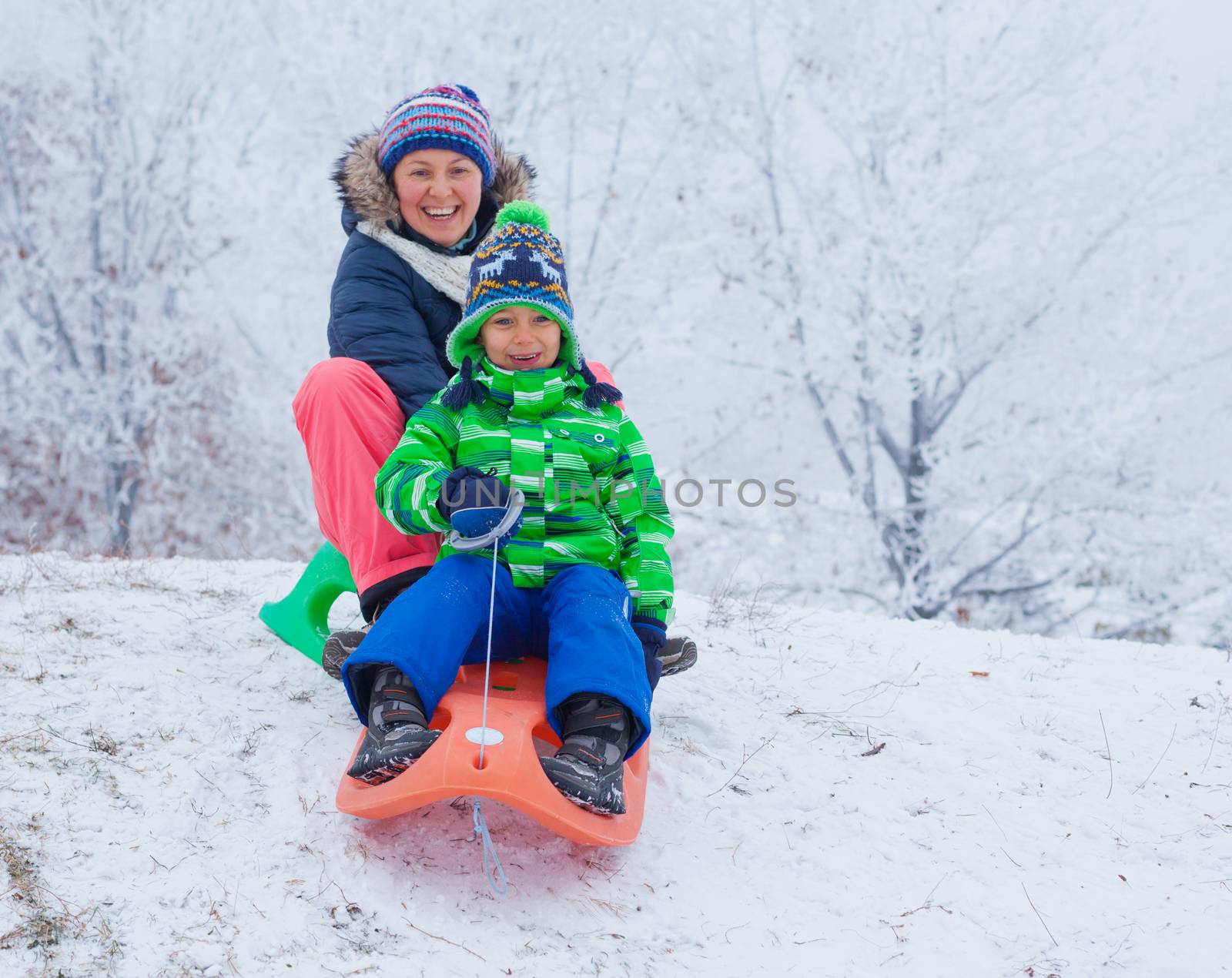 Winter, play, fun - Mother and her cute little son having fun with sled in winter park