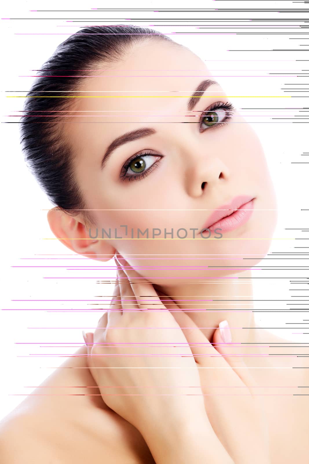 Pretty female against a white background, isolated, copyspace.