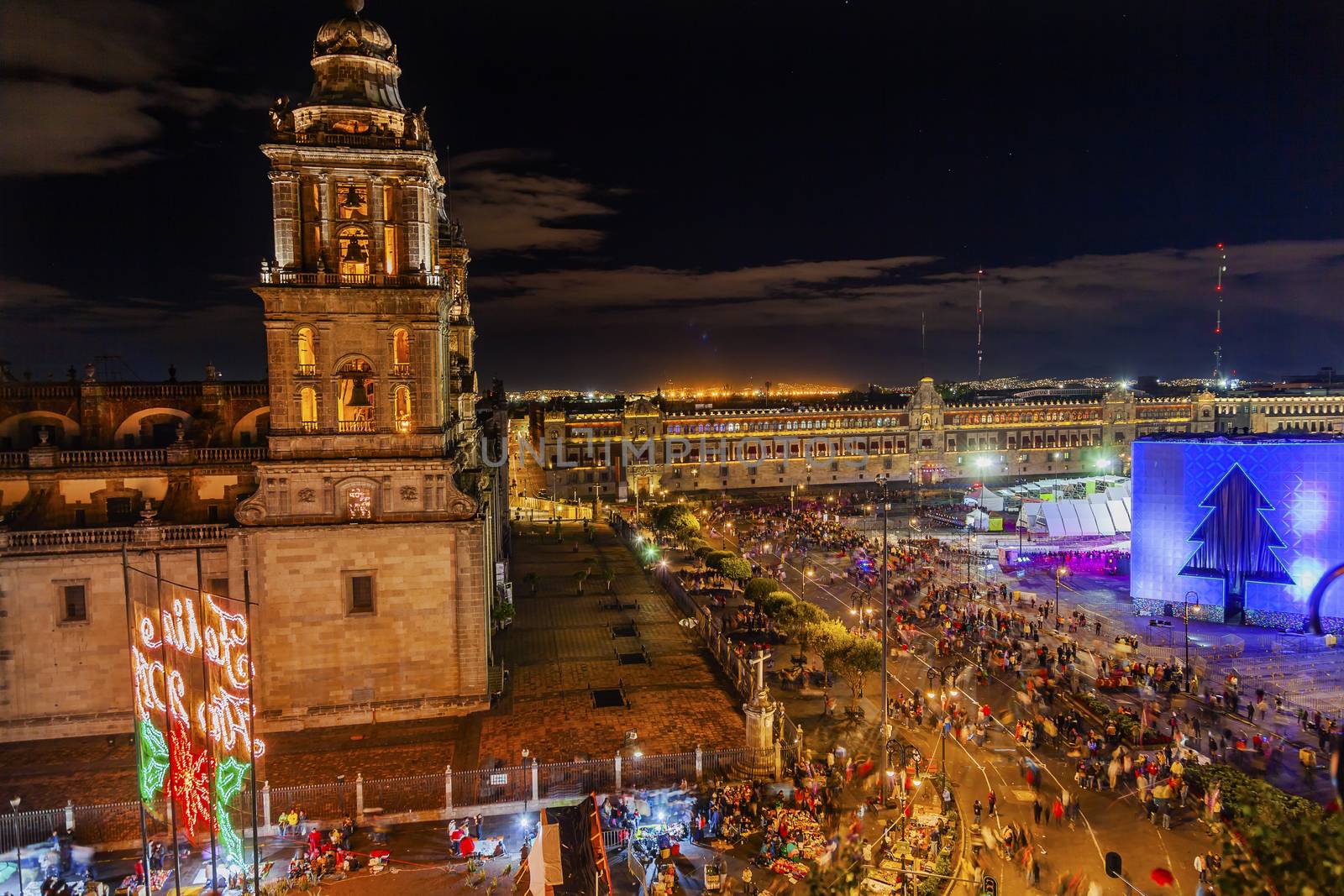Metropolitan Cathedral and President's Palace in Zocalo, Center of Mexico City Mexico Christmas Night