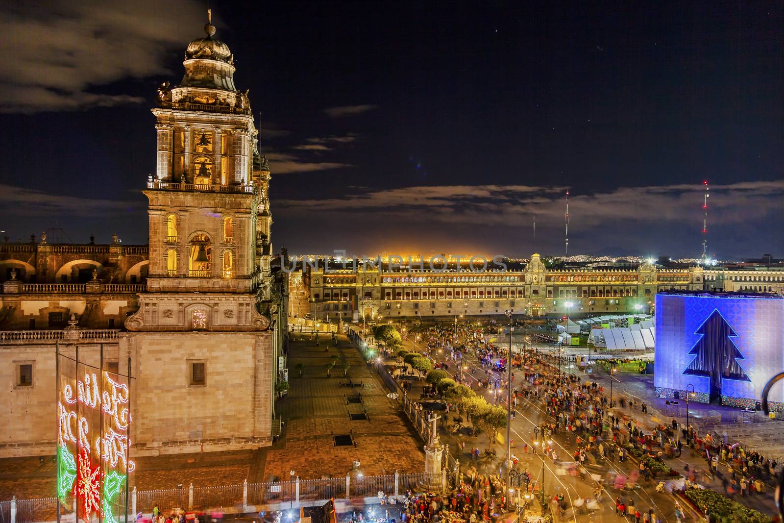 Metropolitan Cathedral Zocalo Mexico City Christmas Night by bill_perry