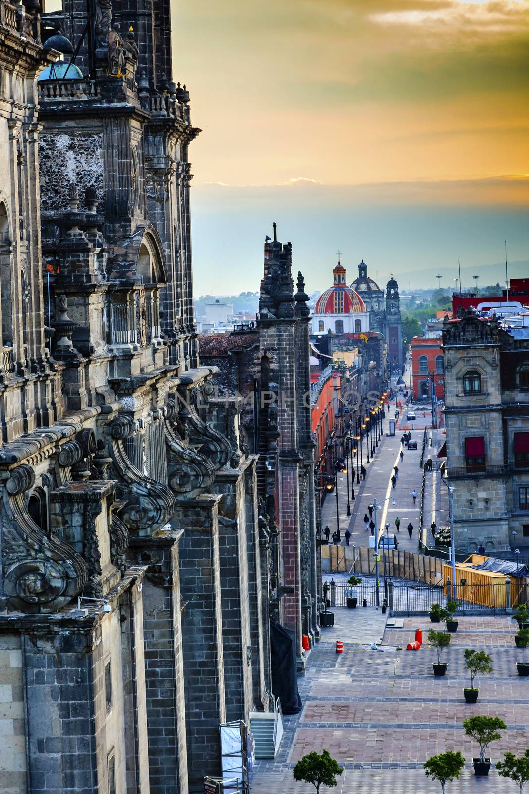 Metropolitan Cathedral Zocalo Chruches Streets Painted Domes Steeples Streets, Center of Mexico City Mexico