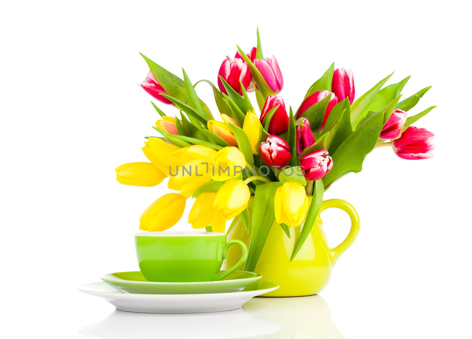 yellow tulips flowers with cup tea, on a white background. break by motorolka