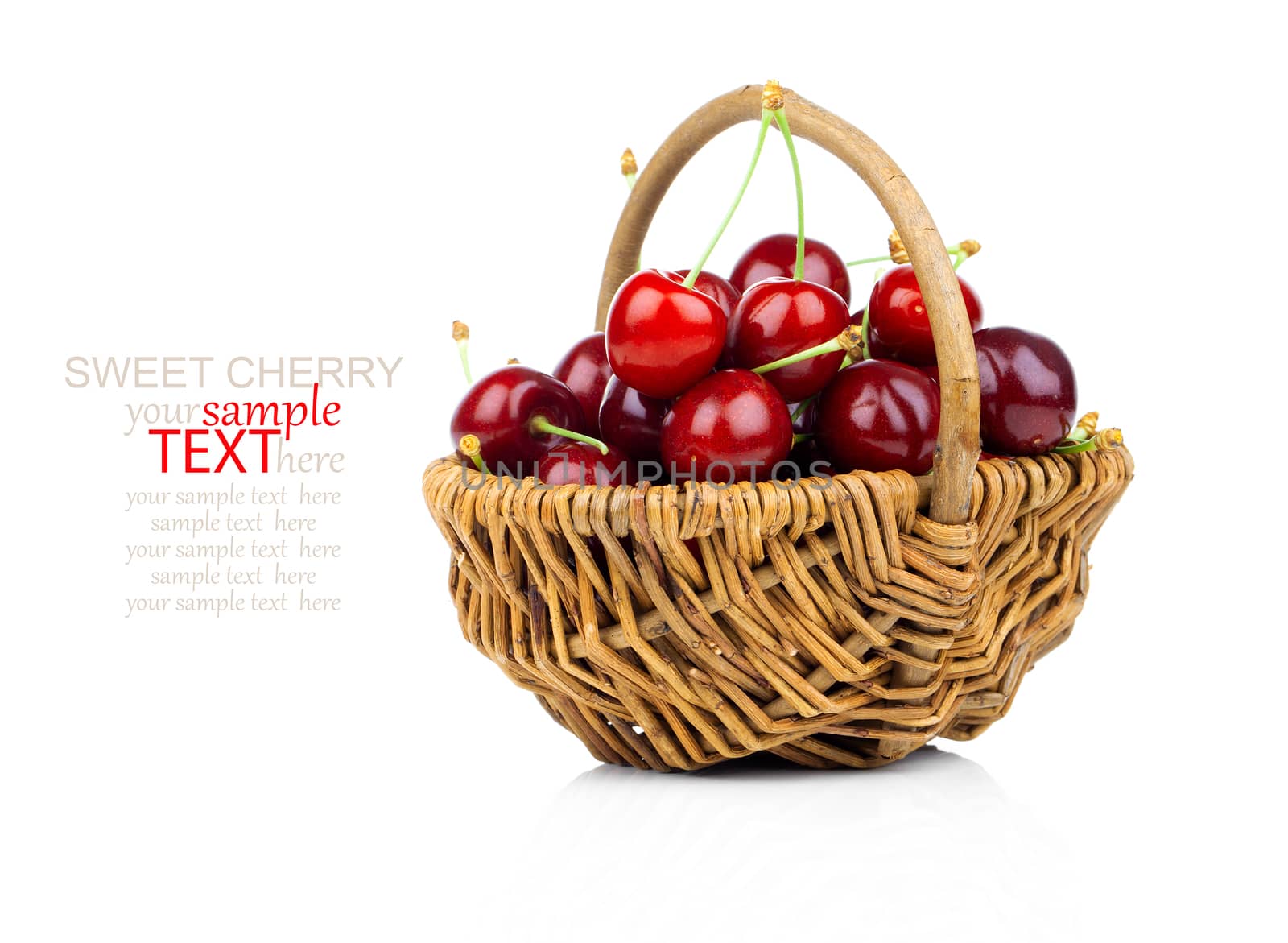 Basket full of fresh red cherry on a white background