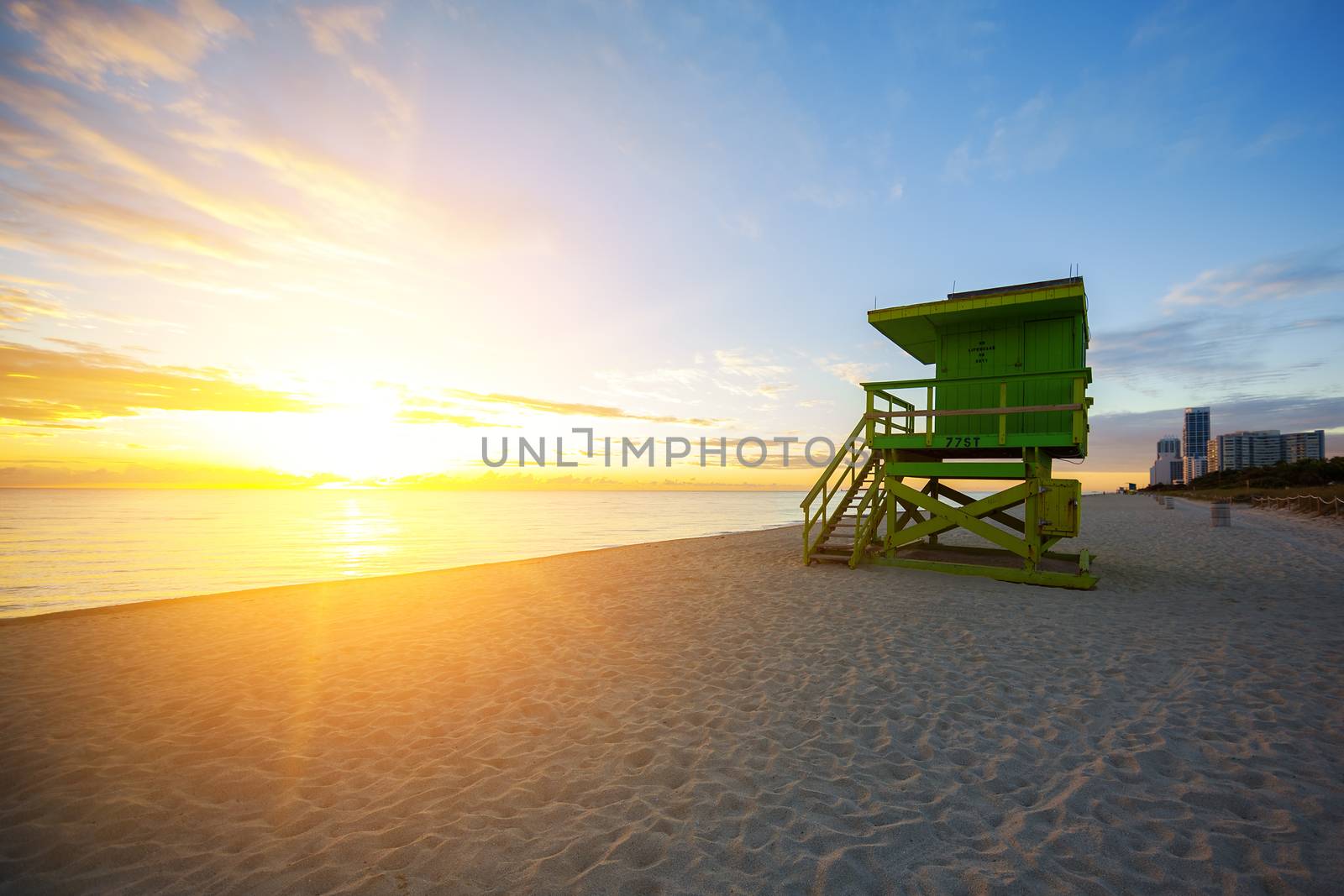 Miami South Beach sunrise with lifeguard tower, USA.