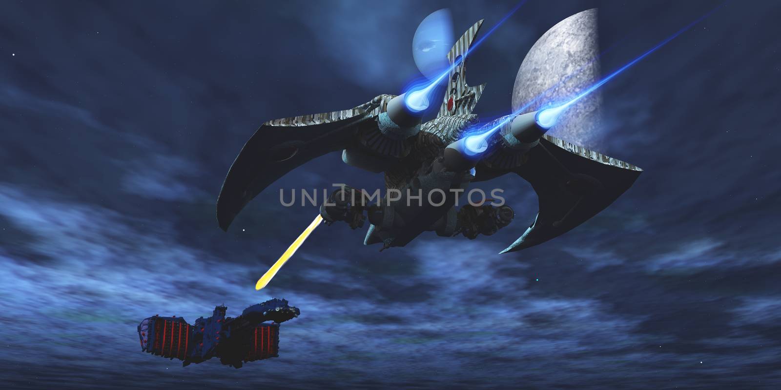 A lighter and more maneuverable spaceship blasts a laser beam toward a enemy battleship.