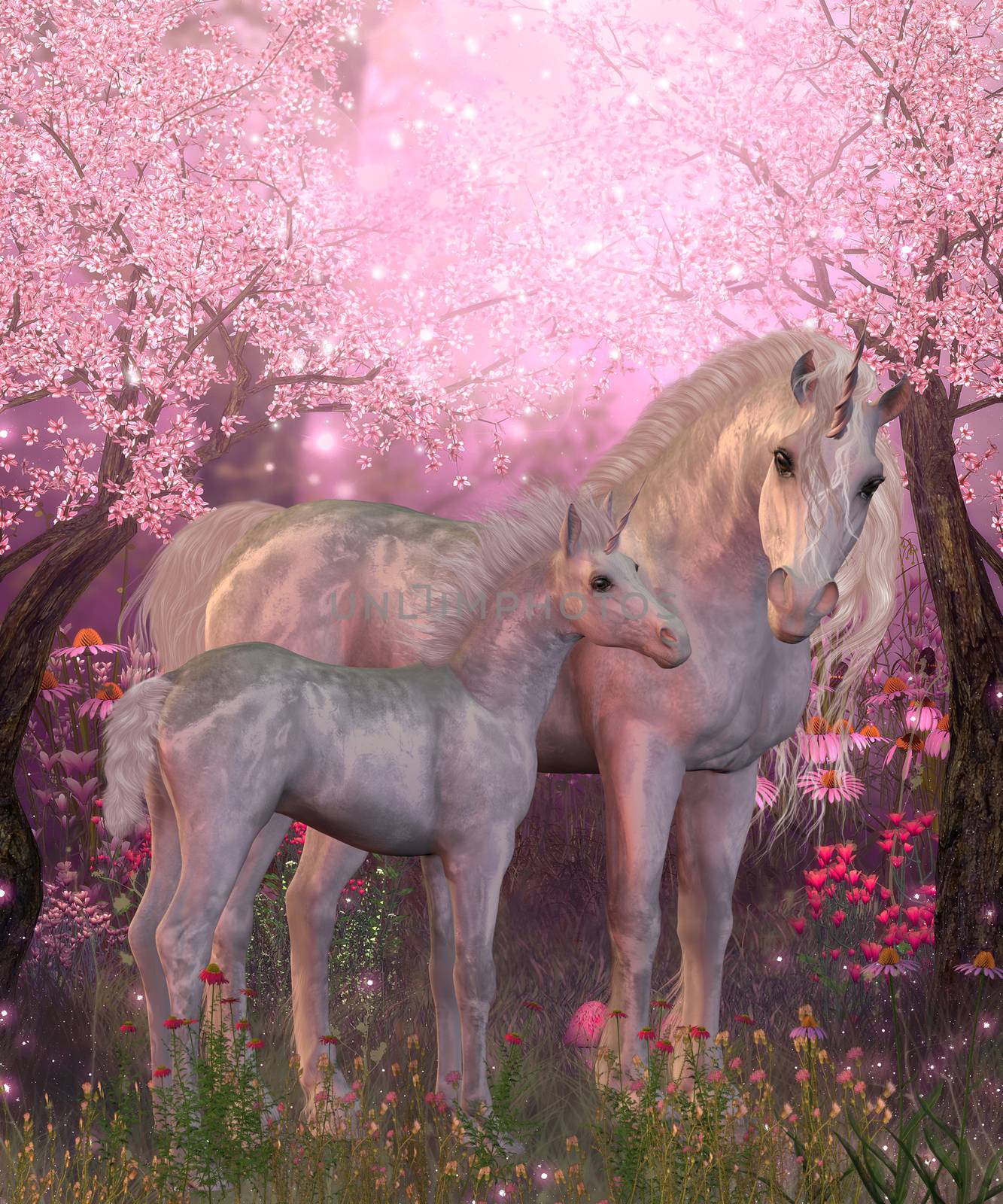 Spring finds a white Unicorn mare and foal resting under blossoming cherry trees.