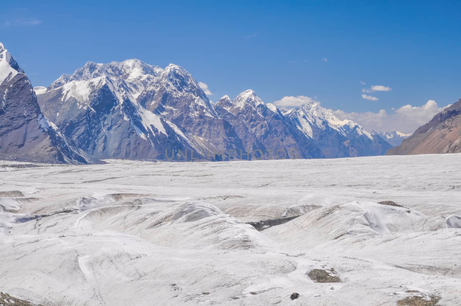 Scenic landscape on Engilchek glacier in Tian Shan mountain range in Kyrgyzstan