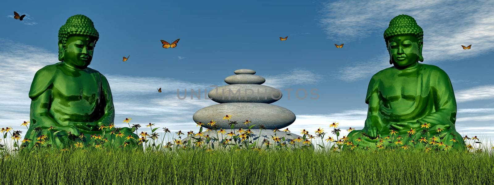 Two green buddhas sitting on the grass in front of balanced pebbles and surrounded with butterflies - 3D render
