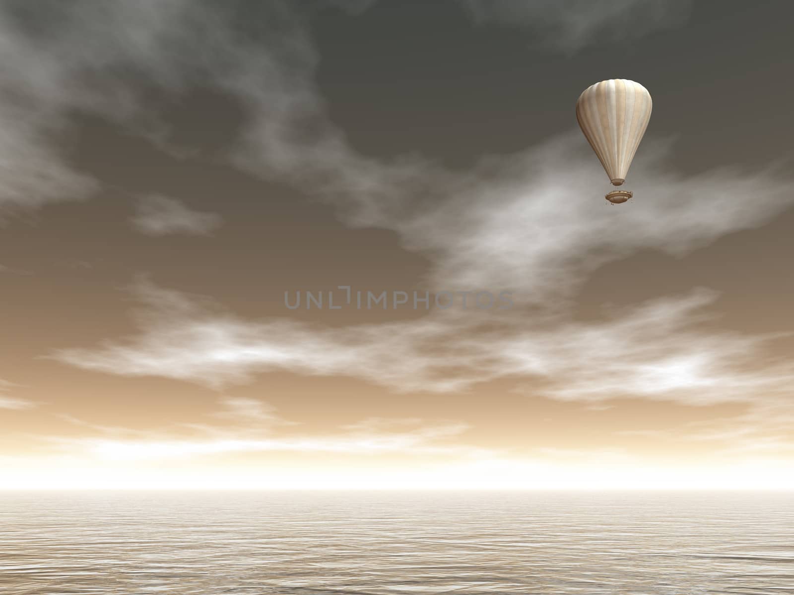 Vintage hot air baloon floating high upon the ocean in the cloudy sky by brown sunset - 3D render
