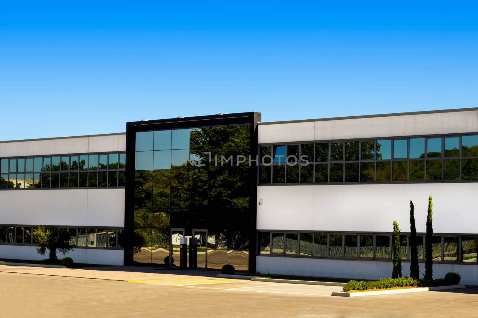 A office building against a blue sky