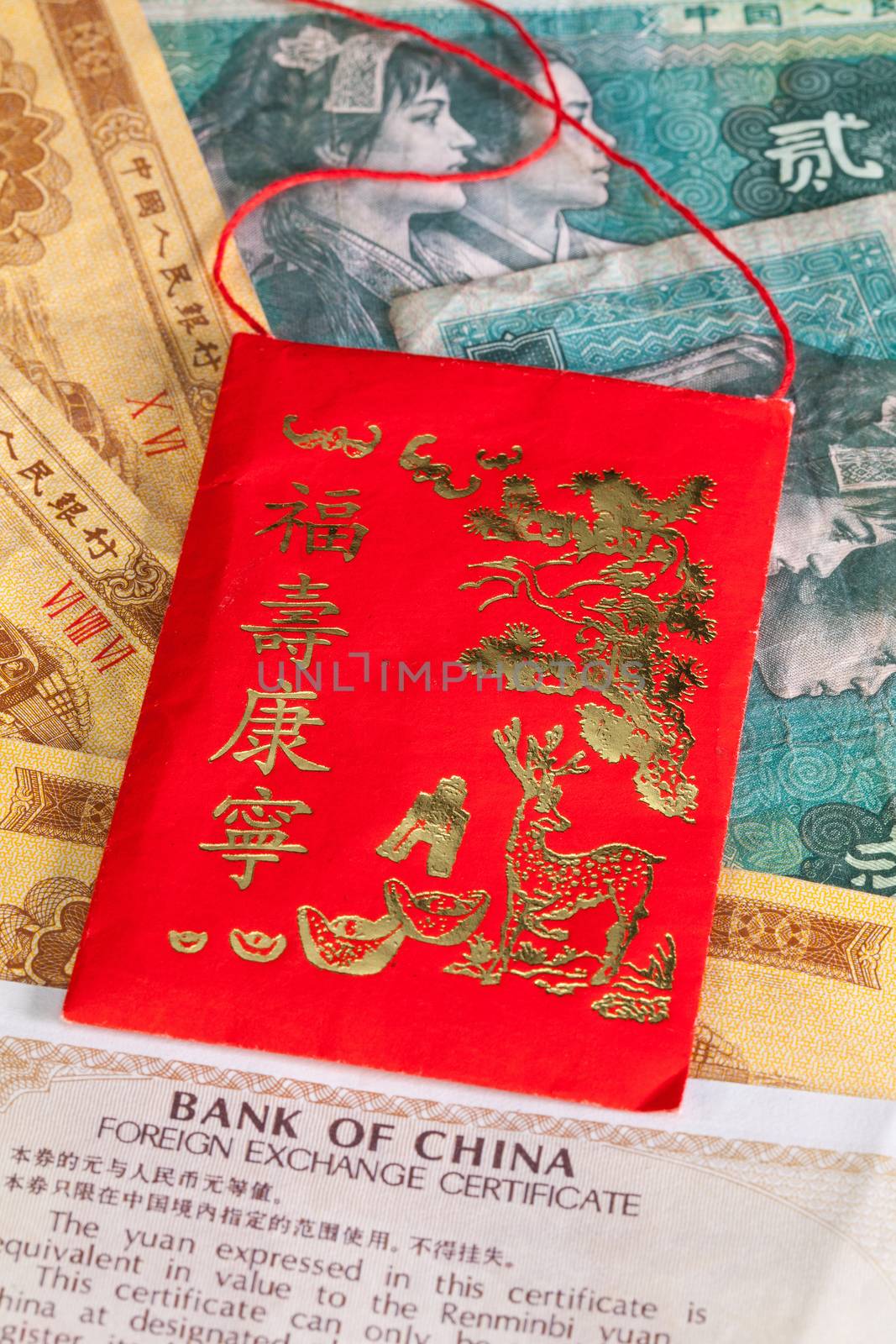 Typical China red envelope and different China banknotes