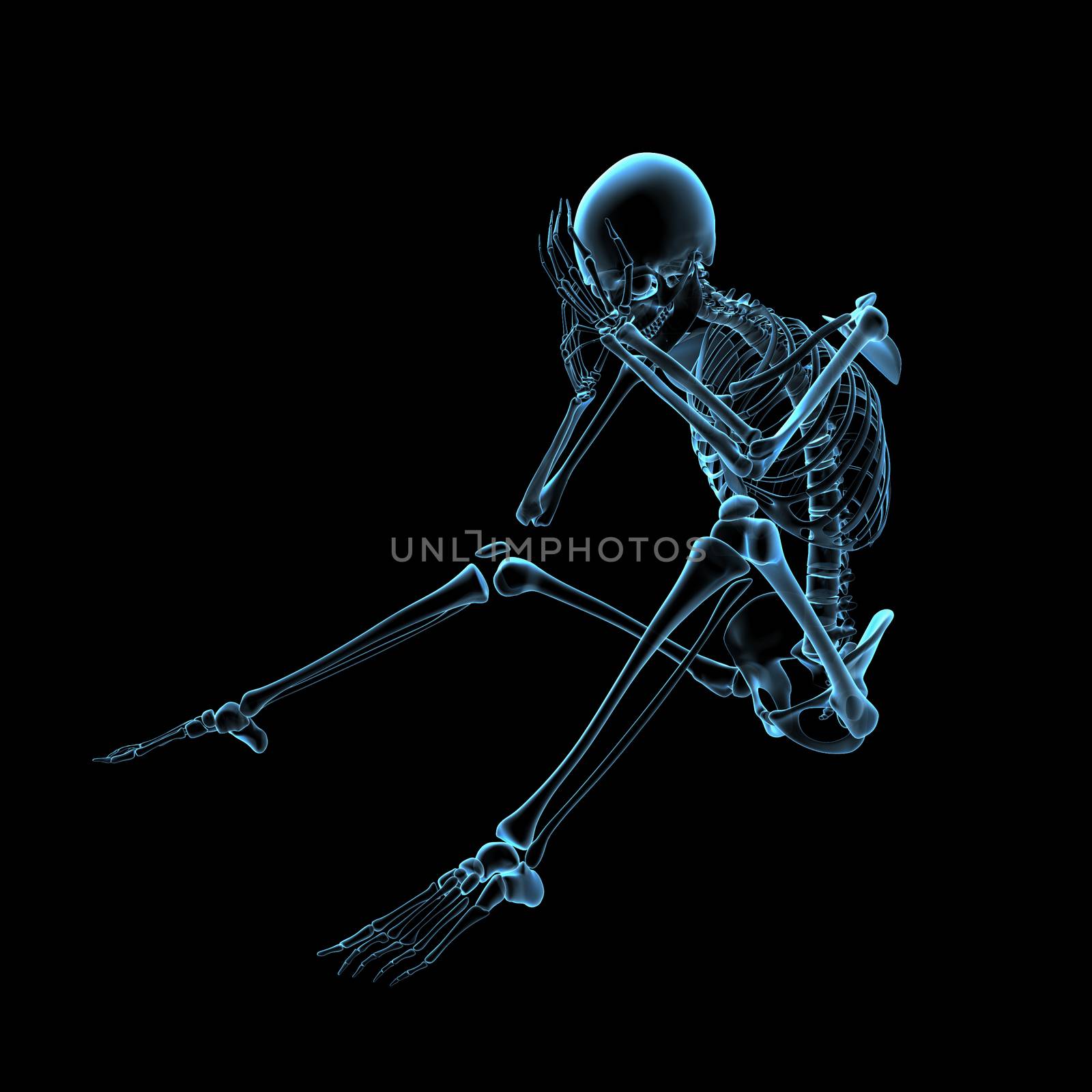 3d rendered blue skeleton of a sitting