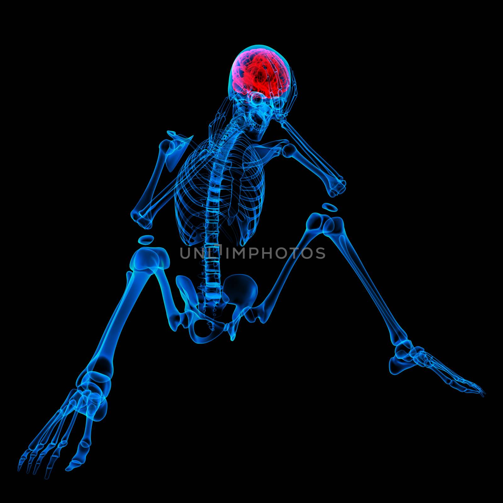 3d rendered blue skeleton of a sitting - headache