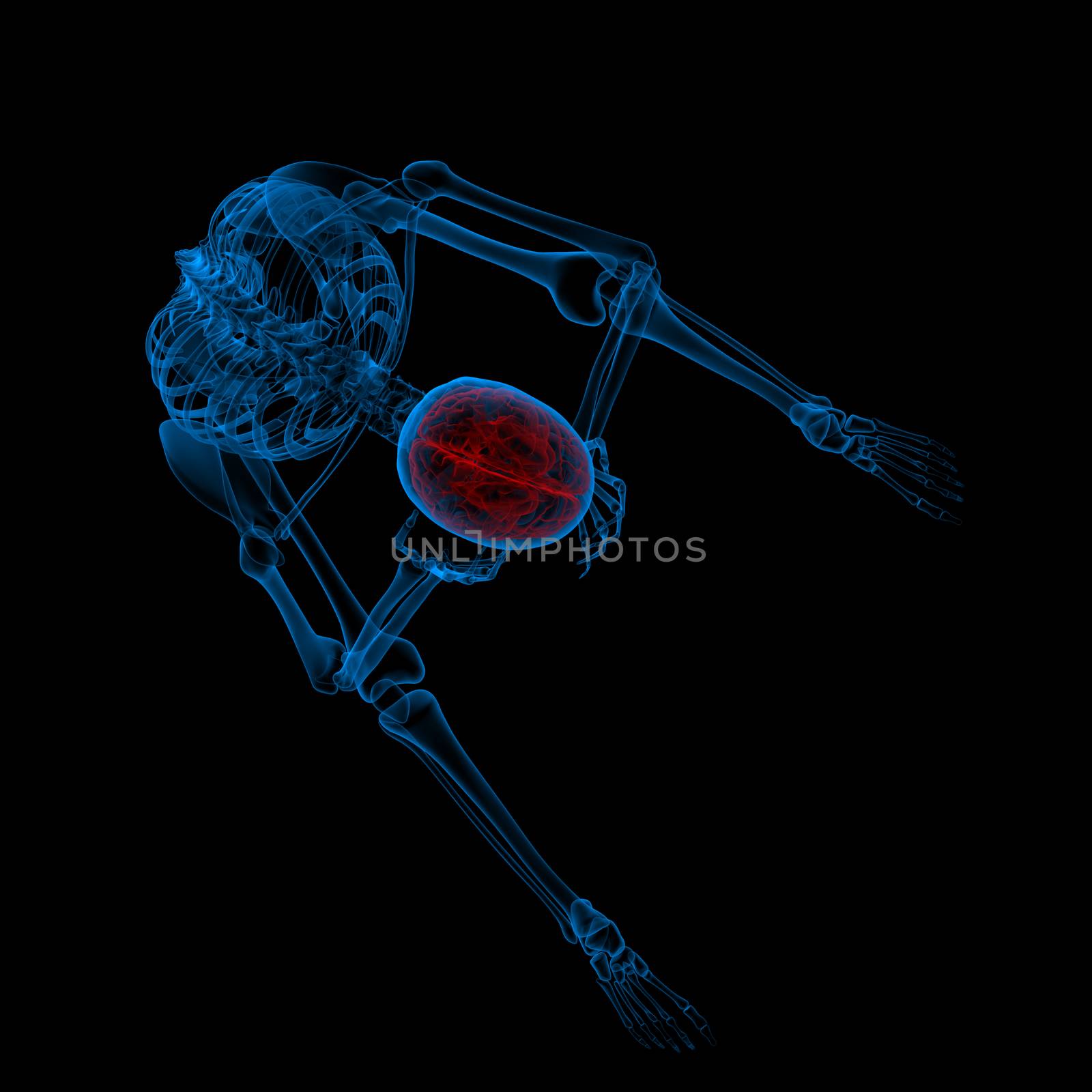 3d rendered blue skeleton of a sitting - headache - top view