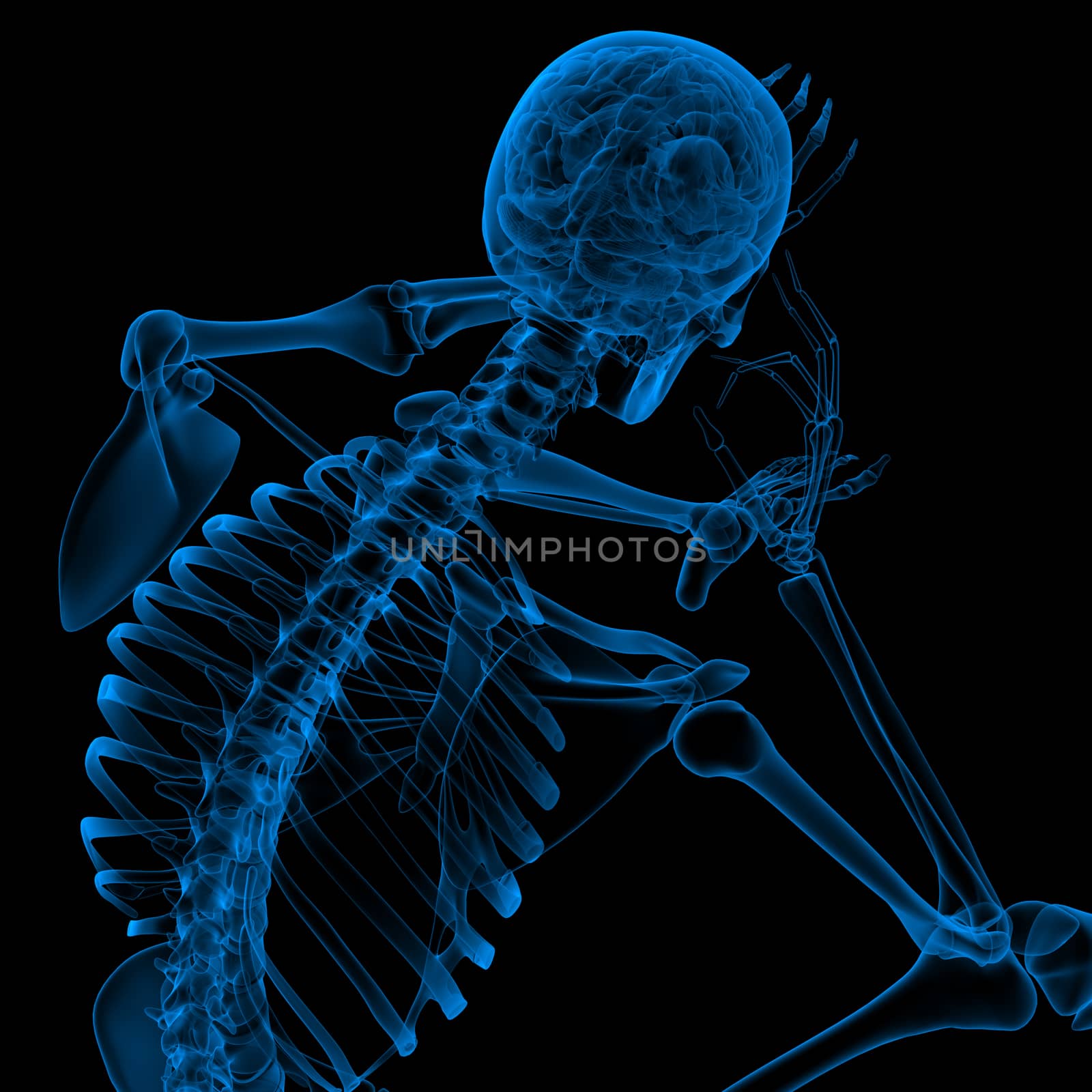 3d render blue skeleton of a sitting - back view