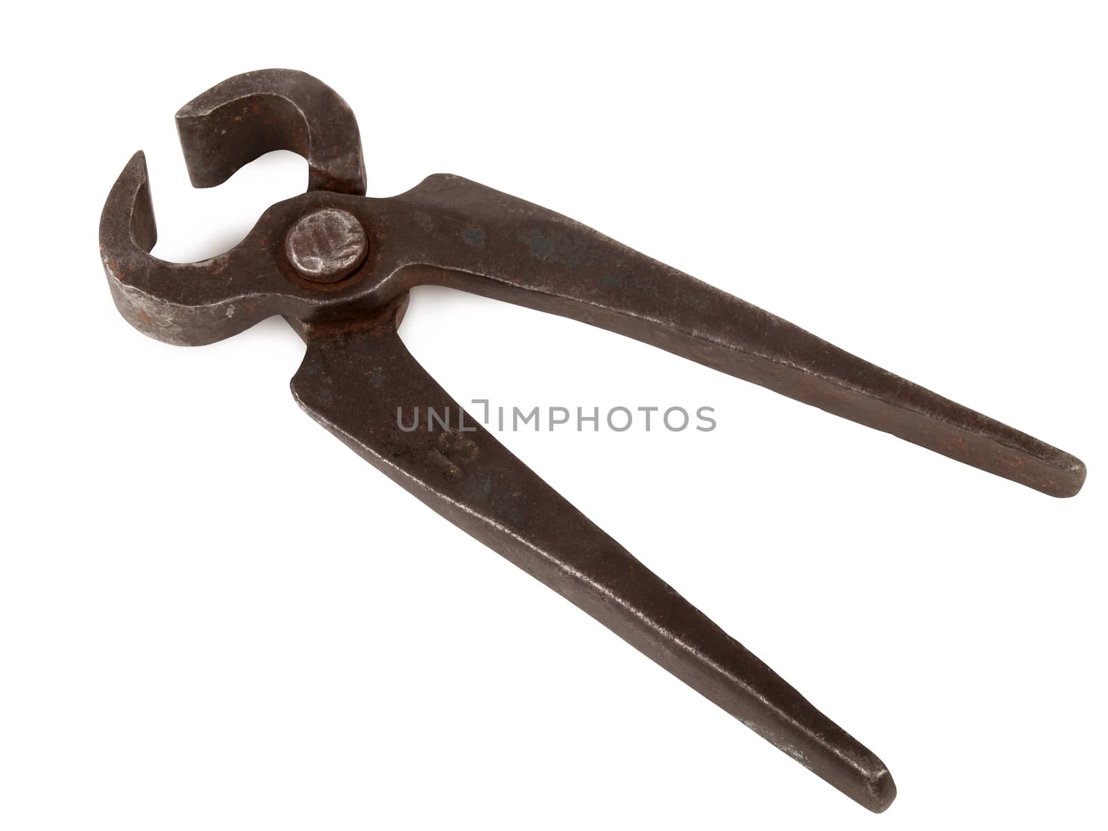 old rusty pliers isolated on white background, studio shot