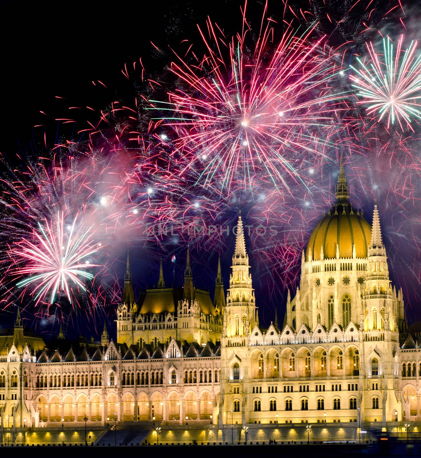 Fireworks and Hungarian parliament, Budapest by sarkao