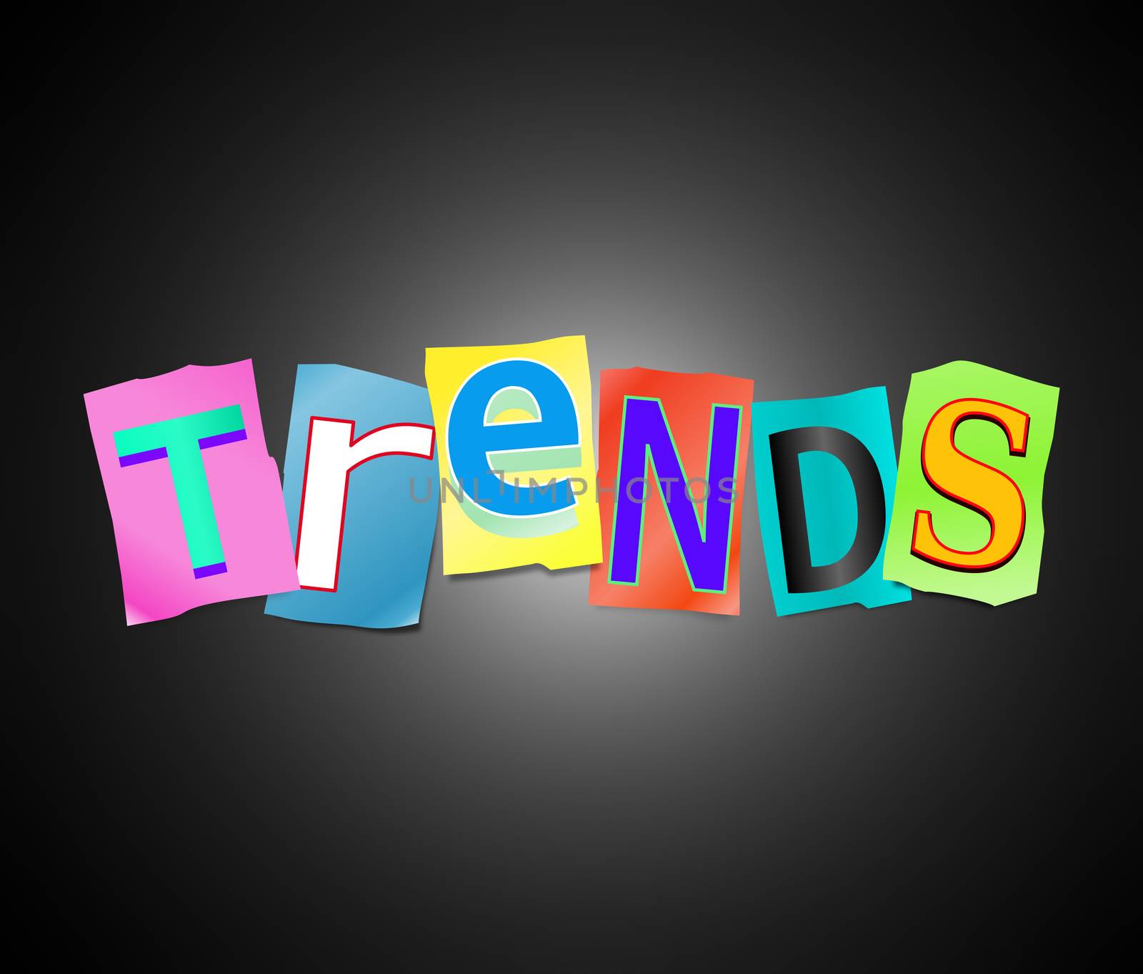 Illustration depicting a set of cut out printed letters arranged to form the word trends.