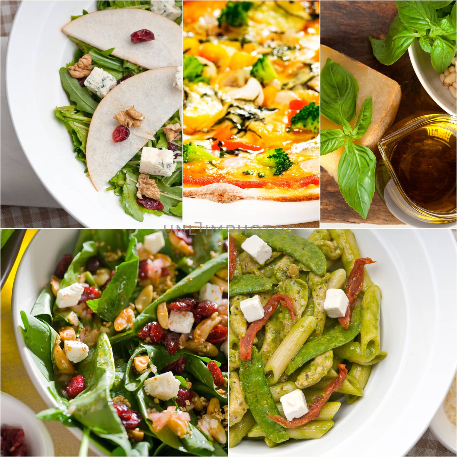 healthy vegetarian pasta soup salad pizza Italian food staples collage