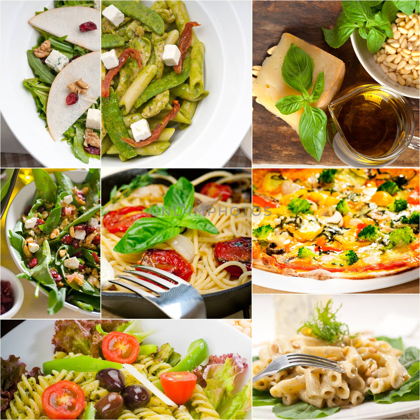 healthy vegetarian pasta soup salad pizza Italian food staples collage