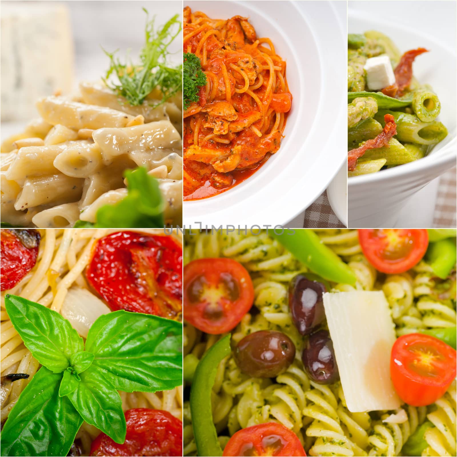 collection of different type of Italian pasta on collage white frame