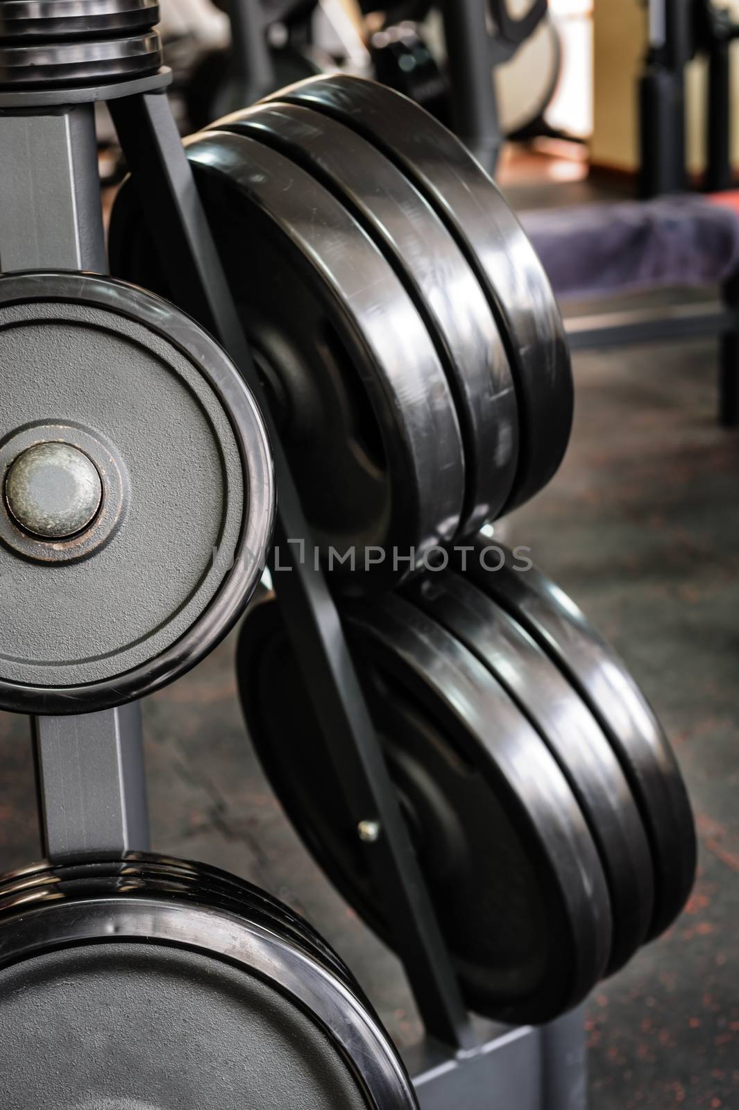 Gym interior with barbell plates holder rack