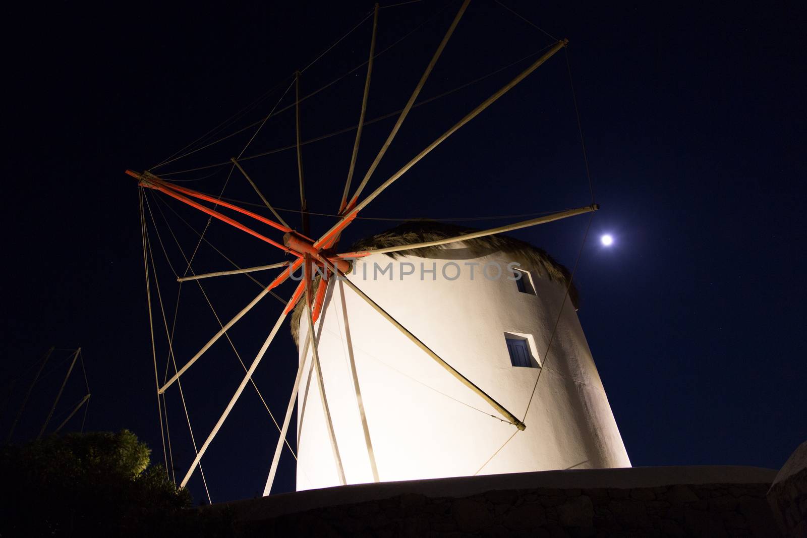 The famous wind mills in Mykonos during night time