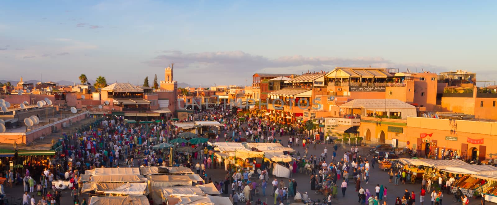 Jamaa el Fna also Jemaa el Fnaa, Djema el Fna or Djemaa el Fnaa is a square and market place in Marrakesh's medina quarter. Marrakesh, Morocco, north Africa. UNESCO Masterpiece of the Oral and Intangible Heritage of Humanity.