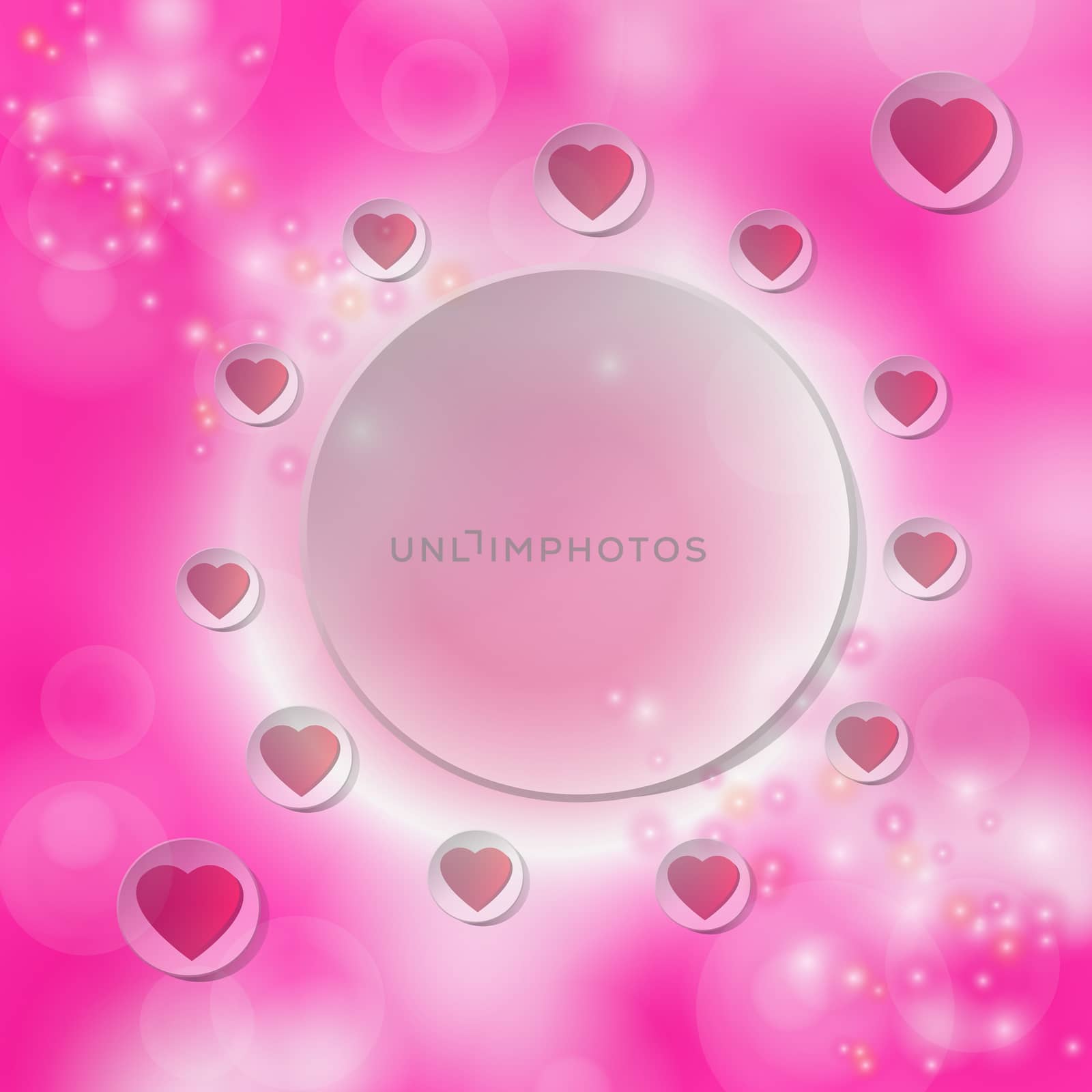 Red heart on white circle for text on a pink bokeh background. V by toodlingstudio