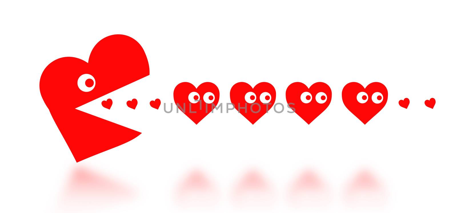 Concept of dating - big Pacman heart hunting small hearts - red