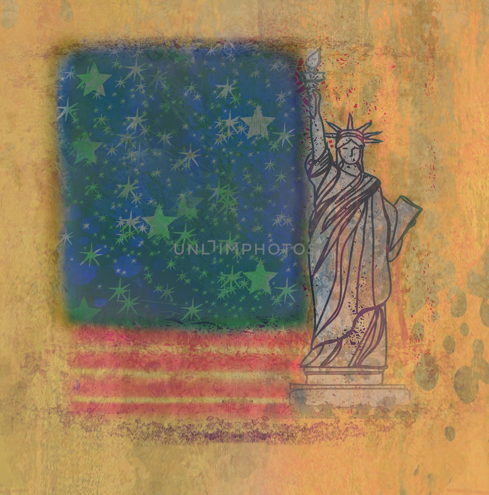 Grunge illustration of the american flag with the Statue of Libe by JackyBrown