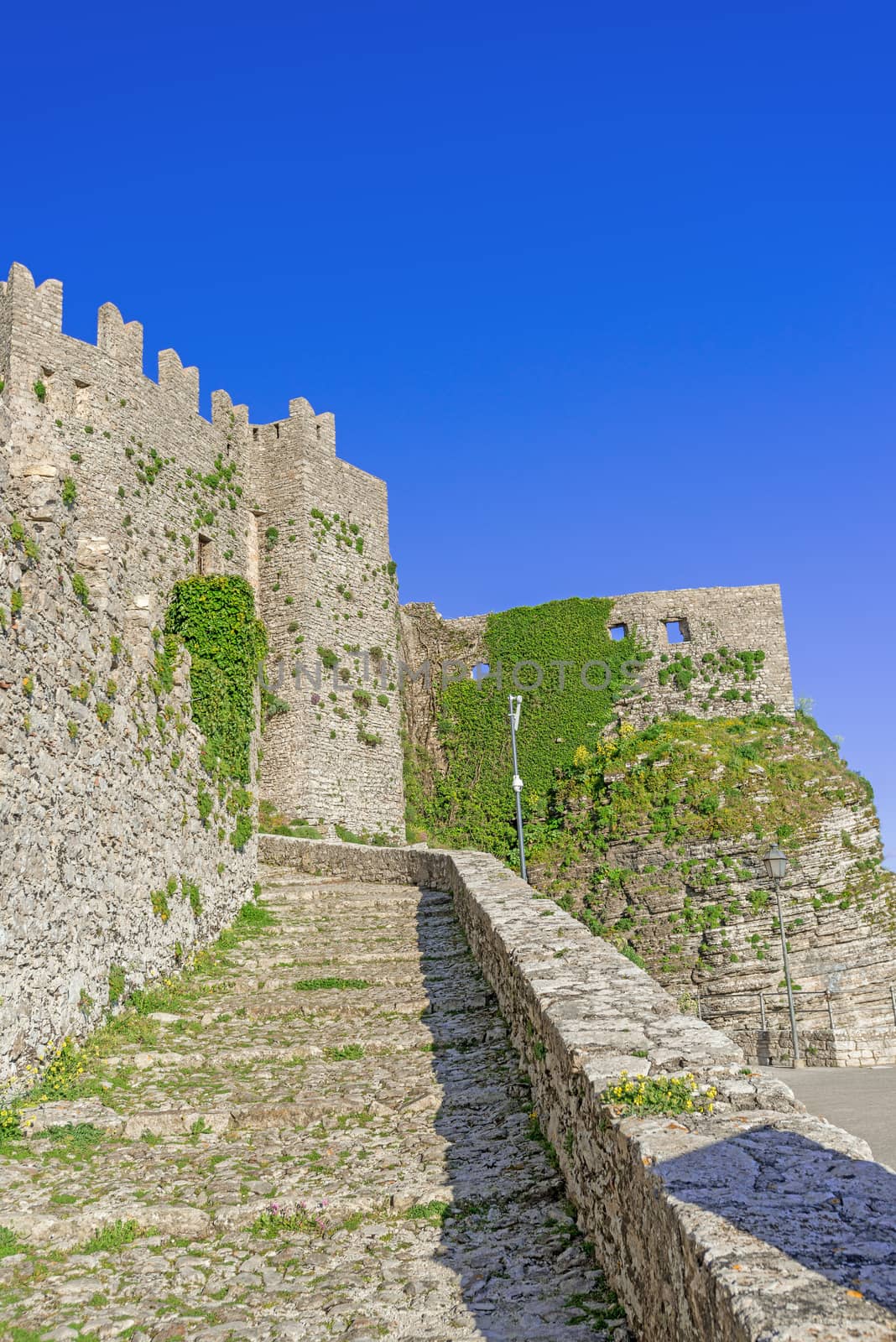 Panoramic view of ancient fortresses of Erice town, Sicily, Italy