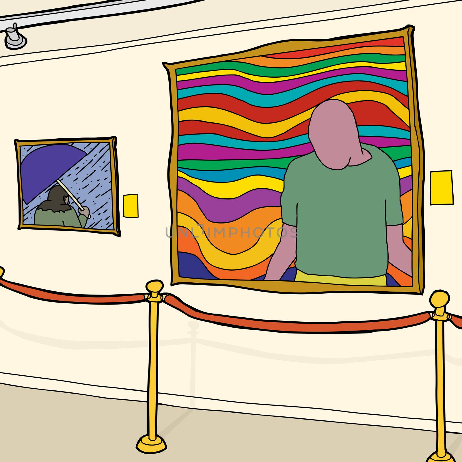 Hand drawn contemporary art museum gallery with stanchion