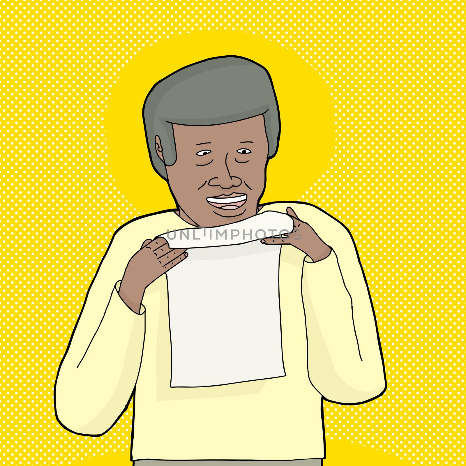 Happy mature man holding letter over yellow background