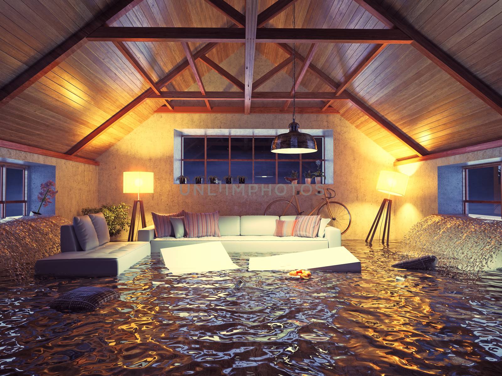 flooding  modern interior loft in the evening. 3d concept design.
