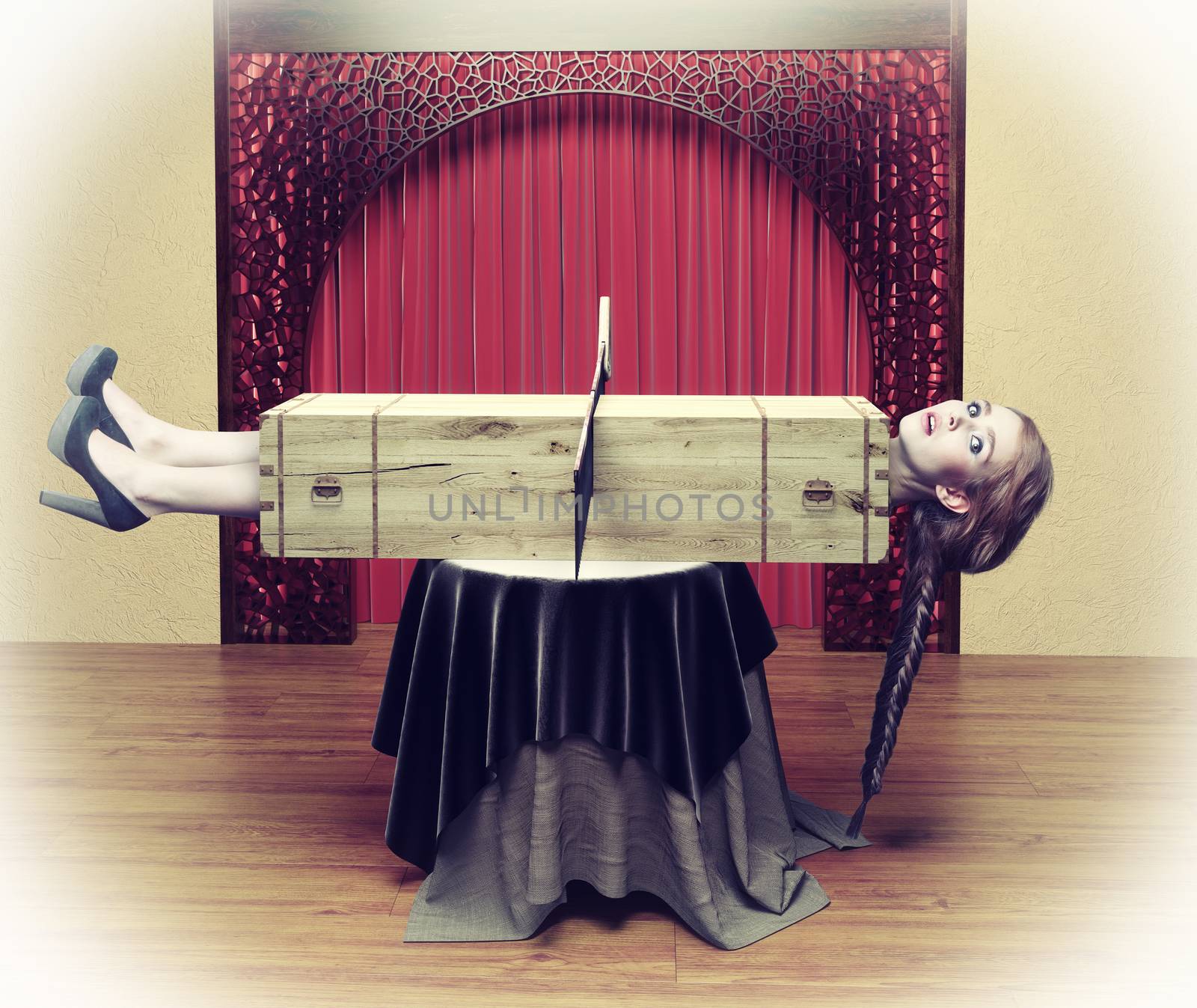 Magician sawing a woman with a saw.Photo combination concept