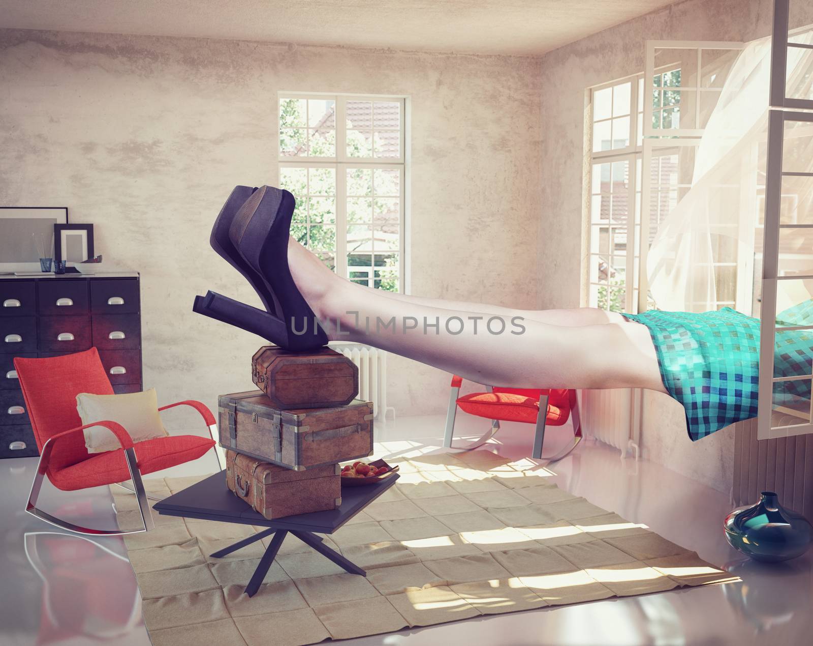 large woman resting in the interior. Photo combination concept