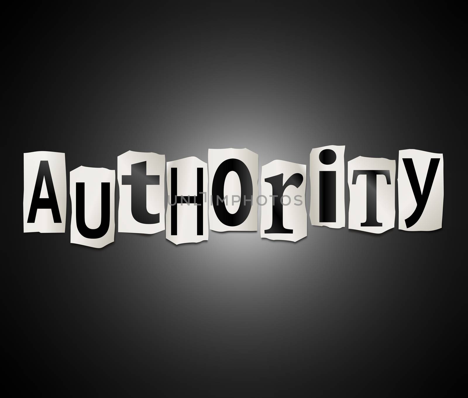 Illustration depicting a set of cut out printed letters arranged to form the word authority.