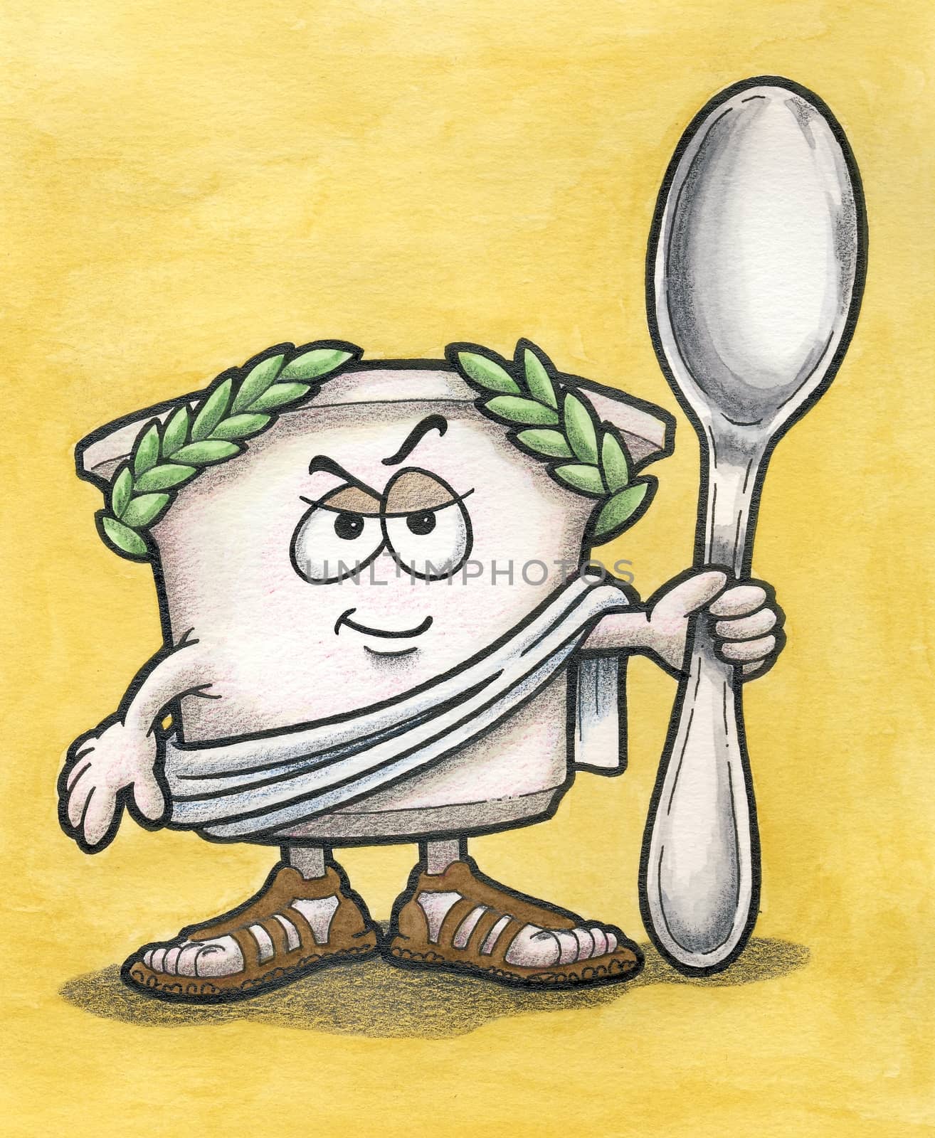 Greek Yogurt Cartoon Character holding Spoon with Ocher Background