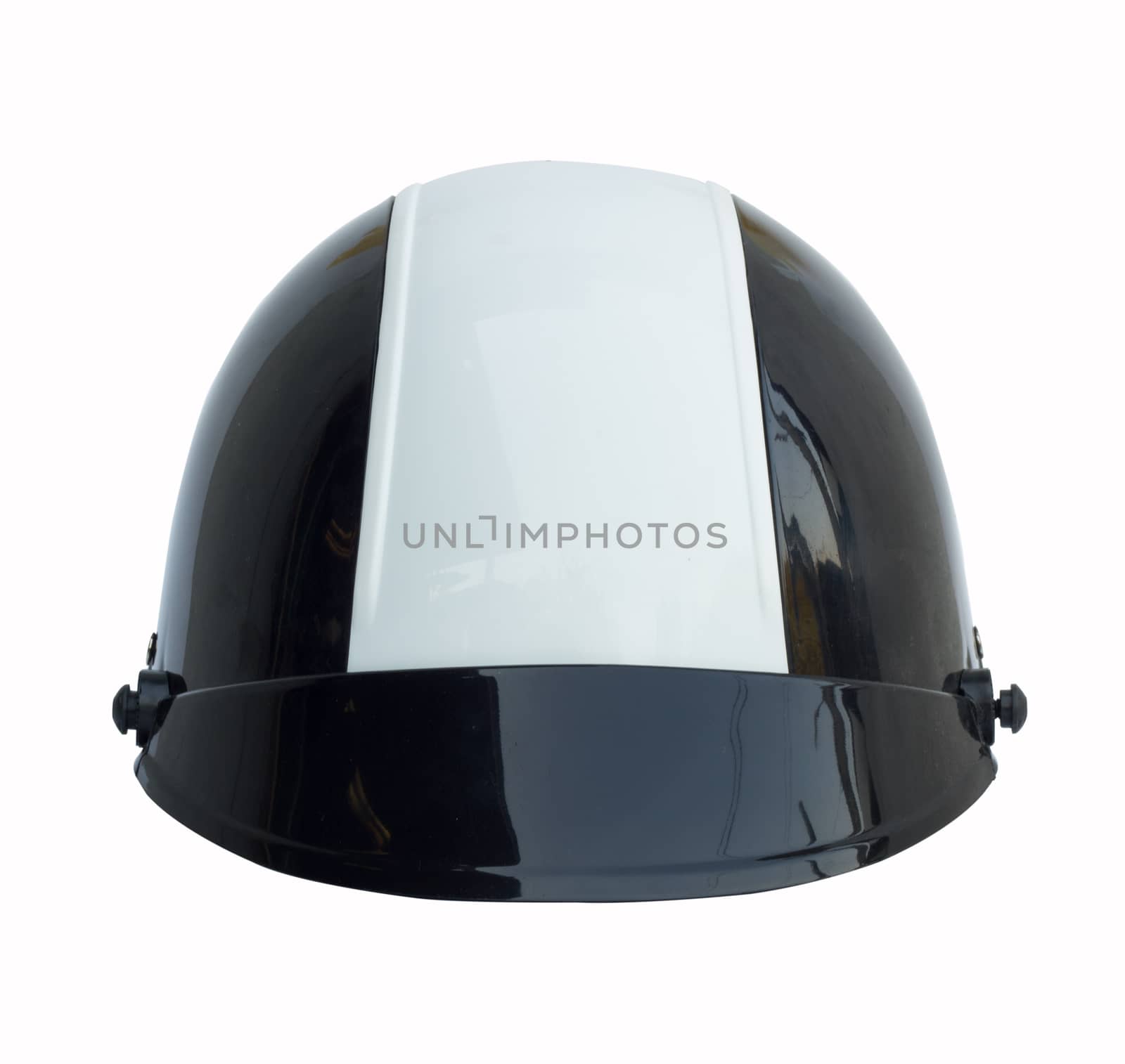 black motorcycle helmet with white striped isolated on white background