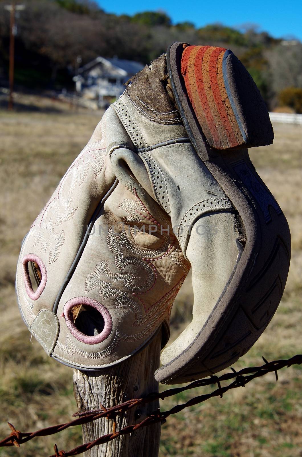 Cowboy boot stuck upside down on barbed wire fence post