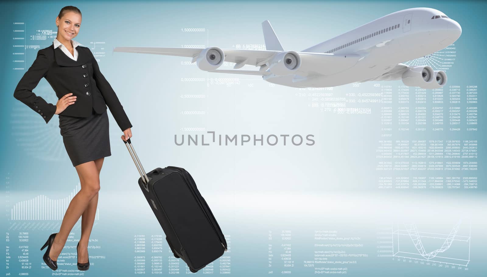 Businesswoman smiling holding wheeled travel bag. Image of flying airliner beside. Hi-tech graphs with various data as backdrop