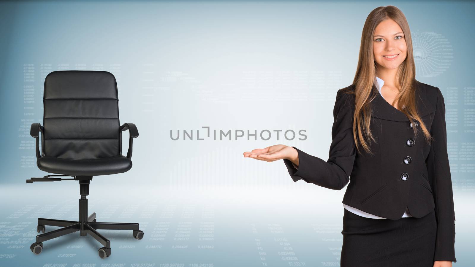 Businesswoman showing something or copyspase for product. Office chair beside by cherezoff