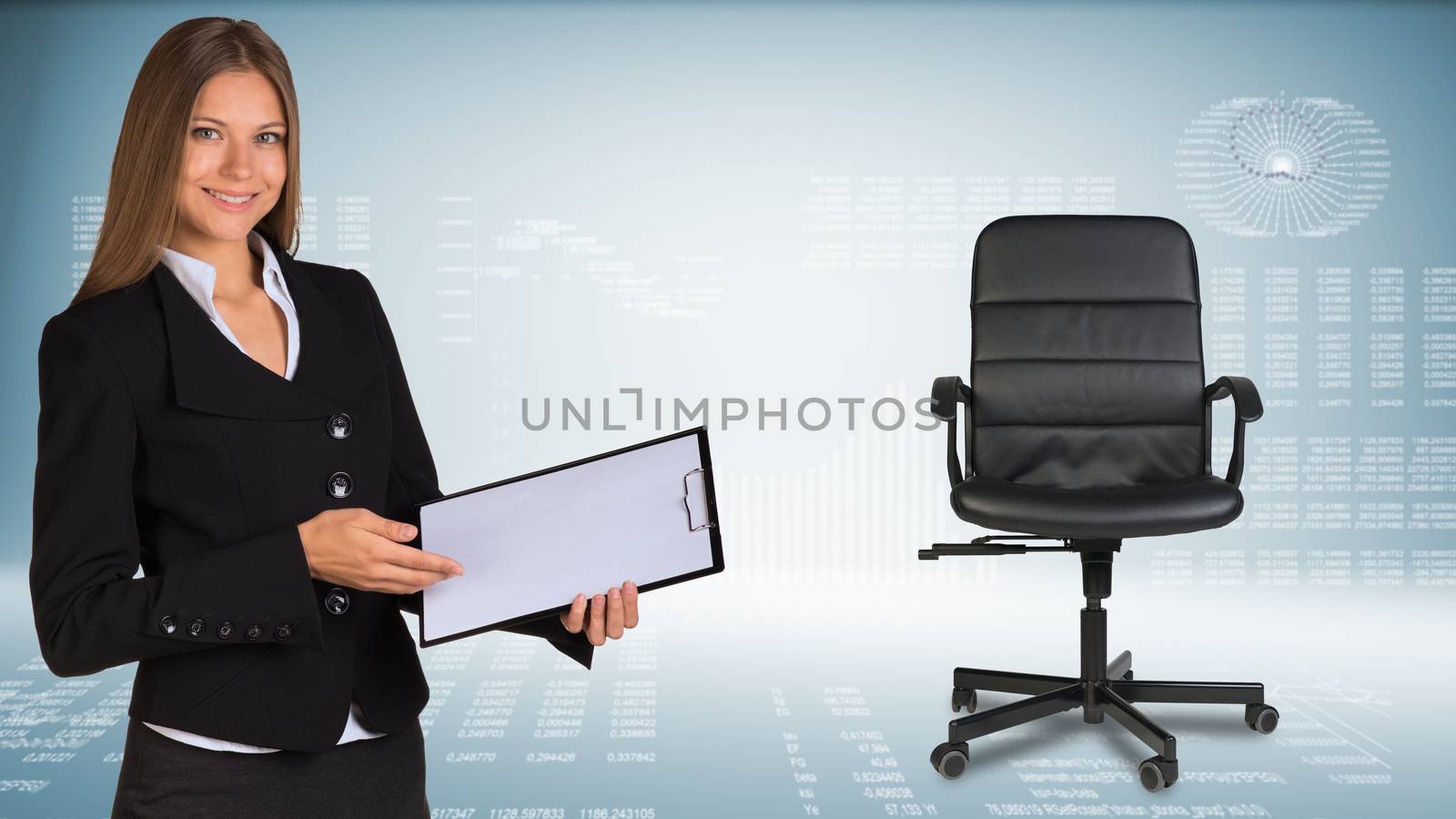 Businesswoman showing blank clipboard. Office chair beside by cherezoff