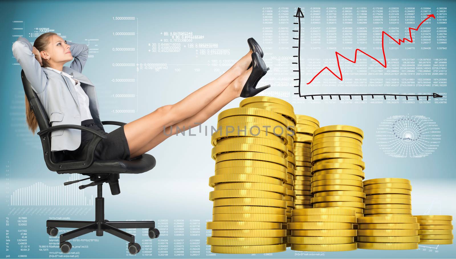 Businesswoman smiling sitting on office chair with her hands behind her head and her feet up on piles of golden coins. Graph showing growth beside. Hi-tech charts with various data as backdrop