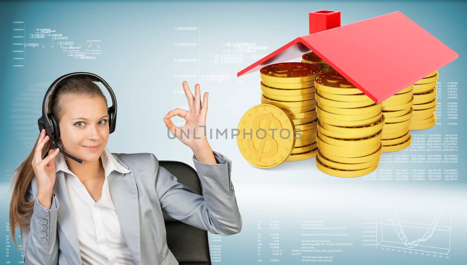 Businesswoman in office chair making okay gesture. Piles of golden dollars under roof beside by cherezoff