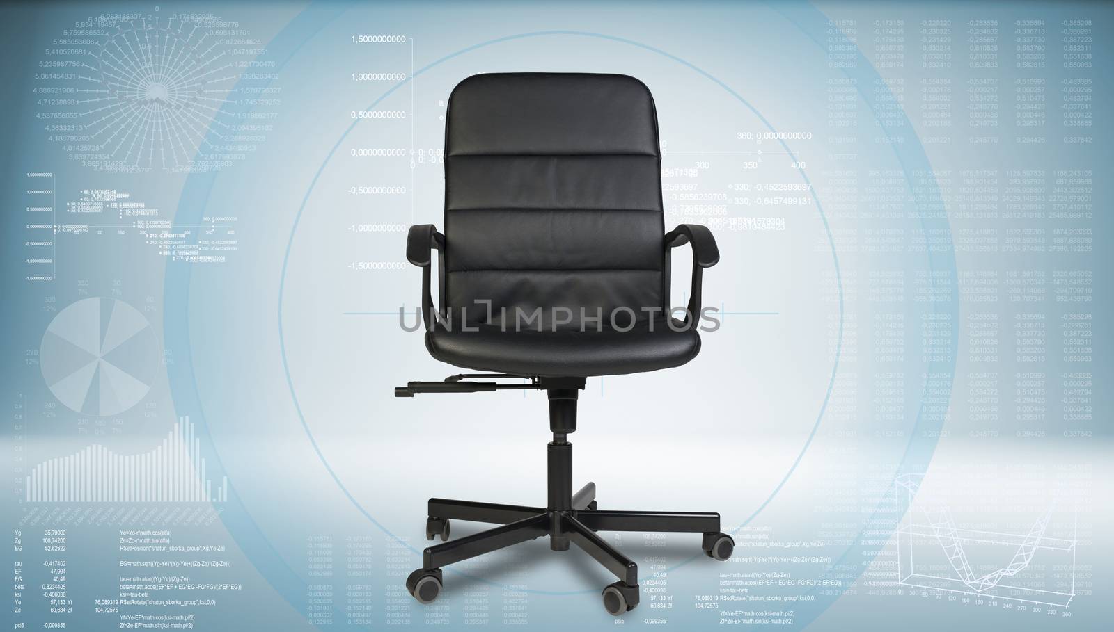 Black leather office chair. Hi-tech charts with various data as backdrop