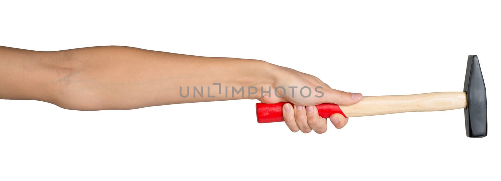 Female hand, bare, holding hammer, isolated over white background