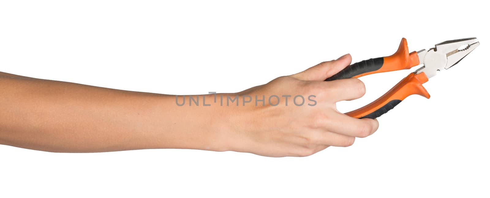 Female hand, bare, holding pliers, isolated over white background